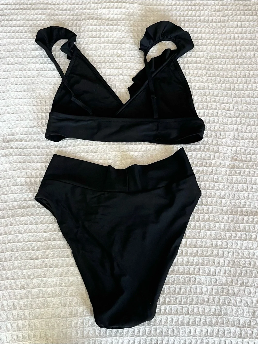 Aerie Black Ruffled Strap High-Waist Bikini Set XL top L bottom